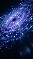 Abstract digital spiral vortex with glowing purple and blue light trails creating dynamic energy flow on dark background for technology and science concepts.