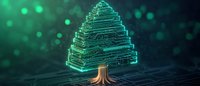 Futuristic digital tree with circuit board patterns glowing in green light against dark tech background. Technology growth concept.