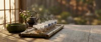 Peaceful tea ceremony setup with steaming cup, ceramic bowls and flowers on wooden table in warm sunlight for mindfulness and relaxation concepts.