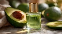 Green avocado oil in glass bottle with gold cap surrounded by fresh cut avocados on neutral background, natural skincare ingredient.