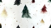 Watercolor pine trees in green, red and gold scattered on white background with golden splatter dots create festive winter holiday seamless pattern.