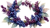 Decorative wreath with blue grapes and purple lilac blooms on transparent background, botanical arrangement with green leaves for wedding invitations.