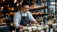 Asian male florist arranging white flowers in modern shop with warm lighting. Professional craftsman creating beautiful bouquet arrangements for special occasions.
