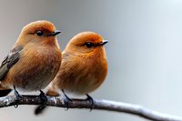 Two small orange-breasted finches perched together on bare winter branch against soft blurred background, showcasing intimate wildlife moment and natural bird behavior.