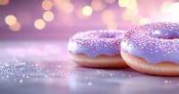 Glazed donuts with purple frosting and colorful sprinkles on sparkly surface against soft bokeh background. Sweet pastry closeup with dreamy atmosphere.