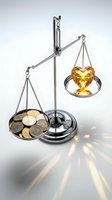 Silver balance scale weighing golden heart against coins on white background symbolizing love versus money choice and emotional value decisions.