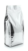 Shiny metallic foil packaging bag isolated on white background for coffee tea snacks food products branding mockup design commercial use.