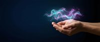 Hand holding glowing neon energy waves in cyan and magenta colors against dark background. Represents innovation, technology, power, and digital transformation for business and creative projects.