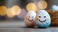 Cheerful spotted blue easter egg with cute smiling face next to natural egg on blurred bokeh background. Creative holiday decoration concept.