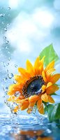 Vibrant sunflower splashing in clear water with water drops and ripples against soft blue sky background, creating fresh summer atmosphere for nature and wellness designs.