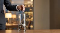Businessman hand dropping coins into glass jar on wooden table in warm office setting for savings and investment planning concepts.