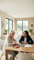 Senior woman with white hair and younger woman with dark hair and glasses discussing documents and tablet at wooden table in bright living room with large windows and plants.