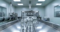 Sterile glass vials on a conveyor belt in a modern pharmaceutical manufacturing facility with blurred production equipment in background.