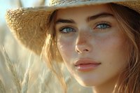 Young woman with freckles and straw hat in golden wheat field at sunset, natural beauty portrait with soft warm lighting and dreamy summer atmosphere.