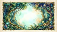 Enchanted forest frame with twisted vines and lush foliage creating magical portal opening. Fantasy nature border for storytelling and mystical designs.