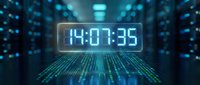 Digital countdown timer displaying 14:00:35 in futuristic server room with glowing blue data streams and matrix-style binary code for technology presentations.
