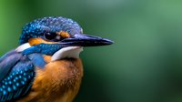 Close-up portrait of common kingfisher with vibrant blue and orange feathers against blurred green background, showing detailed beak and eye in natural habitat.