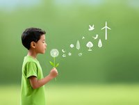 Young boy in green t-shirt blowing environmental symbols from a plant stem against blurred green background, representing eco-friendly education and sustainability concepts.
