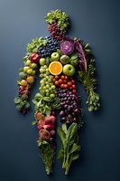 Human silhouette created from fresh fruits, vegetables, and herbs arranged on dark background, representing healthy eating and nutrition concept.