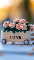 Delicate pink roses with green leaves arranged in wooden cart with "love" text, romantic composition on soft blurred background, suitable for Valentine's cards.