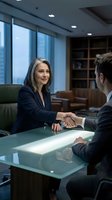 Professional businesswoman with gray hair shaking hands with male colleague across glass conference table in modern corporate office setting.