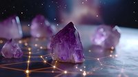 Purple amethyst crystals on geometric light network against starry cosmic background for spiritual healing meditation and energy work concepts.