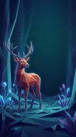 Low poly geometric deer with antlers standing in mystical forest with blue teal lighting and crystalline plants for modern digital art and gaming design.
