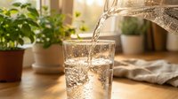 Water pouring into glass with bubbles and splashes on wooden table with potted plants in background, hydration and wellness concept.