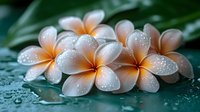 Delicate plumeria flowers with water droplets on petals against dark green leaves, soft pink and orange colors create peaceful tropical atmosphere.