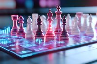 Chess pieces on digital circuit board with neon pink and blue lighting effects creating futuristic atmosphere for business strategy and artificial intelligence concepts.