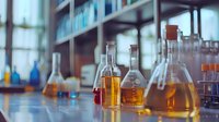 Laboratory glassware with colored liquids on lab bench, flasks containing amber and red solutions in scientific research setting with blurred background.