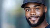 Young African American man with beard wearing baseball cap smiling confidently at camera with soft blurred background for lifestyle and portrait concepts.