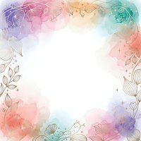 Watercolor floral frame with rainbow gradient background and delicate line art flowers, leaves creating elegant border with white center space for text.
