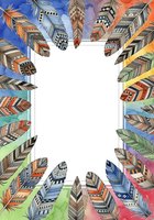 Colorful tribal feathers arranged in a frame border with white center space, featuring hand-drawn patterns and geometric designs in watercolor style for greeting cards and invitations.