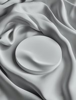 Elegant white round podium on flowing silk fabric background in monochrome style, creating luxurious product display platform for cosmetics and jewelry presentation.