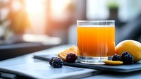Fresh orange juice in glass with blackberries and lemon slices on dark plate. Natural morning light through window creates cozy breakfast atmosphere.