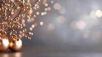 Festive copper-colored Christmas ornaments and glittering berry branches against blurred bokeh background create elegant holiday atmosphere for seasonal designs.