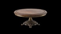 Round wooden coffee table with ornate cast iron base, isolated on transparent background. Classic antique furniture clipart for t-shirt design, print on demand, and stickers.
