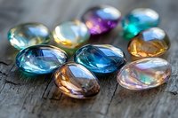 Colorful iridescent glass beads with rainbow reflections scattered on rustic wooden surface for jewelry making and craft projects.