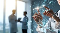 Medical professional using digital healthcare technology interface with network connections and data visualization in modern clinical environment.