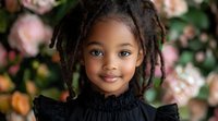 Young African American girl with natural twisted hairstyle smiling warmly at camera, wearing black ruffled dress against soft pink floral background. Portrait captures innocence and joy.
