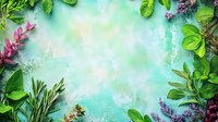 Fresh herbs and flowers frame a turquoise watercolor background, creating natural border with rosemary, mint, sage and purple blooms for wellness or culinary design.