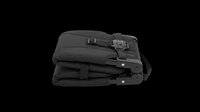 Folded black travel backpack with straps and buckles, isolated on transparent background. Ready for e-commerce, product catalogs, print on demand, and sticker design use.