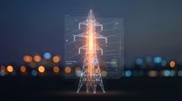 Digital transmission tower with glowing energy beam and holographic interface overlay against blurred city lights background for technology concepts.