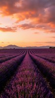Lavender field rows stretching toward mountains under dramatic sunset sky with purple and orange clouds creating romantic agricultural landscape.