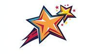 Vibrant shooting star design with dynamic orange and yellow gradient, bold outlines, and decorative red accent stars on white background, ready for logo or graphic projects.
