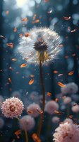 Delicate dandelion seedhead with floating petals against moody blue background, surrounded by pink flowers and orange petals creating dreamy atmosphere.