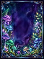 Glowing mushrooms and luminescent plants frame a mystical starry night sky in this enchanted forest border design, perfect for fantasy artwork and magical themed projects.