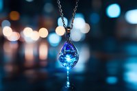 Glowing blue crystal pendant necklace on silver chain against blurred bokeh background with magical ethereal lighting effect and reflective surface.