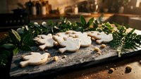 Homemade star-shaped sugar cookies decorated with white icing on rustic wooden board surrounded by fresh green foliage in warm cozy kitchen setting.